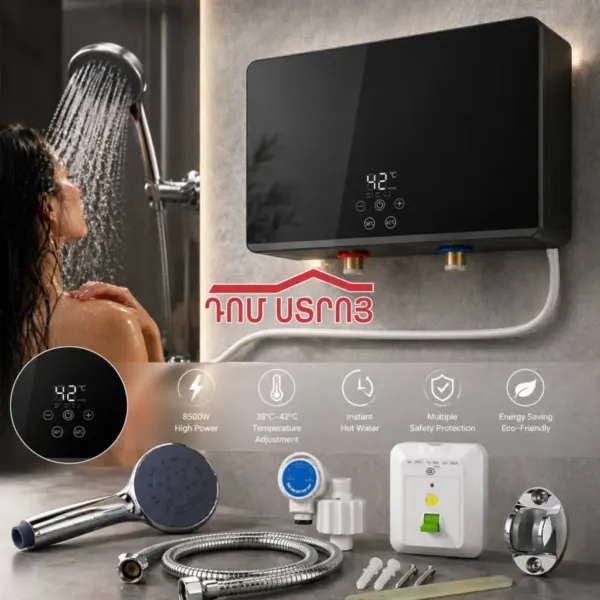 DS-11-22 գեյզեր երաշխիքով 8.5կվտ սև թվային էկրան+ավտոմատ անջատիչ+դուշ+դուշի ու ջրի շլանգներ+կախիչ հորիզոնական — Ապրանքի նկար 1