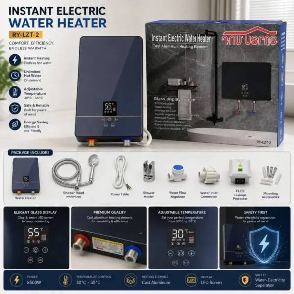 DS-11-20 գեյզեր երաշխիքով 8.5կվտ անտրացիտ թվային էկրան+ավտոմատ անջատիչ+դուշ+դուշի ու ջրի շլանգներ+կախիչ ուղղահայաց — Ապրանքի նկար 1