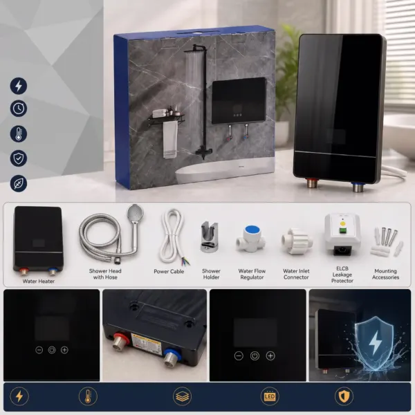 ✅DS-11-19 գեյզեր երաշխիքով 8.5կվտ սև թվային էկրան+ավտոմատ անջատիչ+դուշ+դուշի ու ջրի շլանգներ+կախիչ ուղղահայաց — Ապրանքի նկար 1
